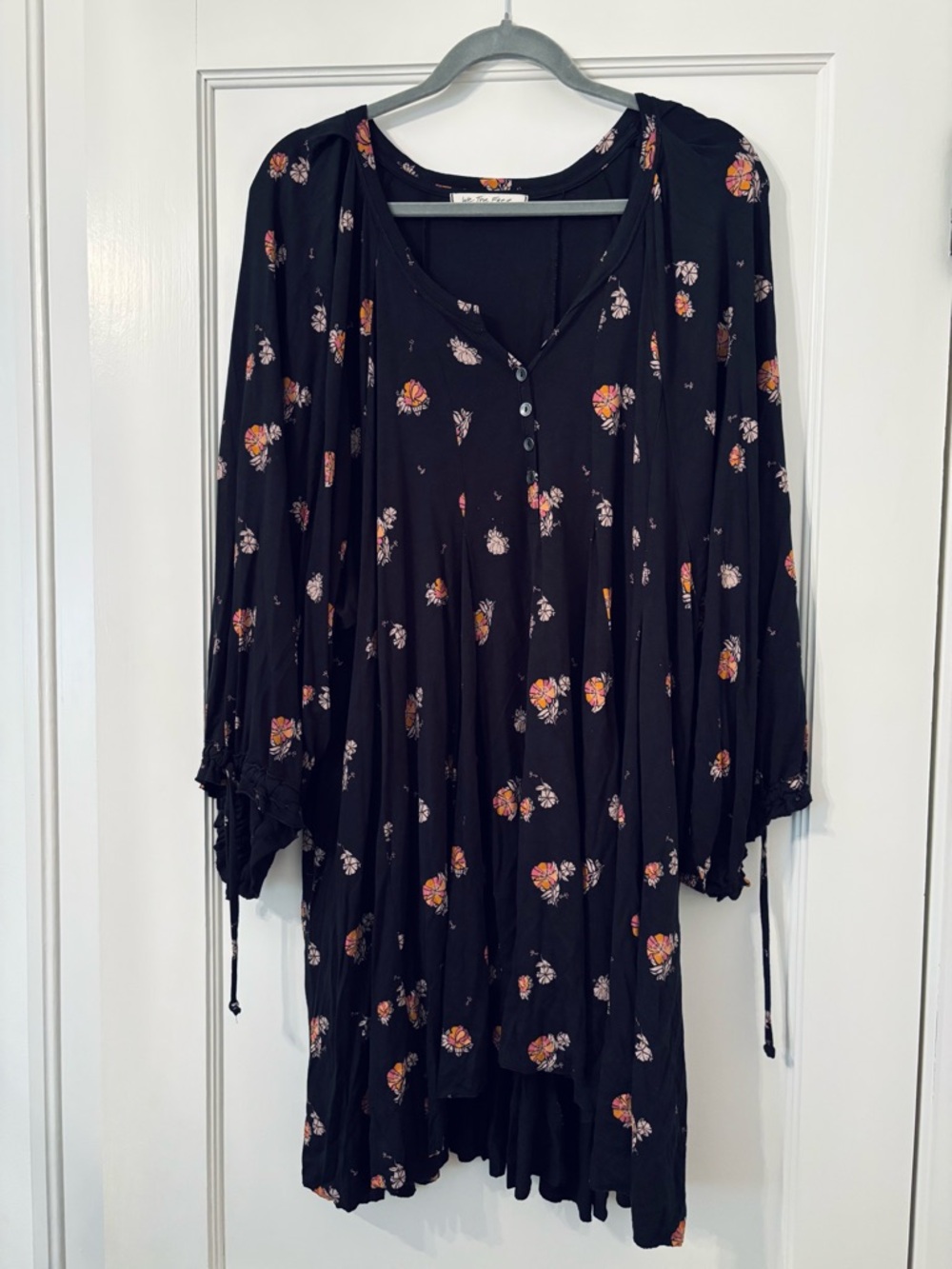 Free People Black Tunic with Orange-Pink Floral Print